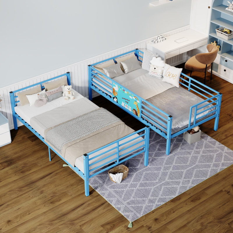 Lit superposé simple au-dessus d'un lit simple en métal, cadre de lit superposé au sol avec échelle, lattes en métal robustes ne supportant pas de sommier pour économiser de l'espace pour un dortoir de chambre à coucher, BLEU