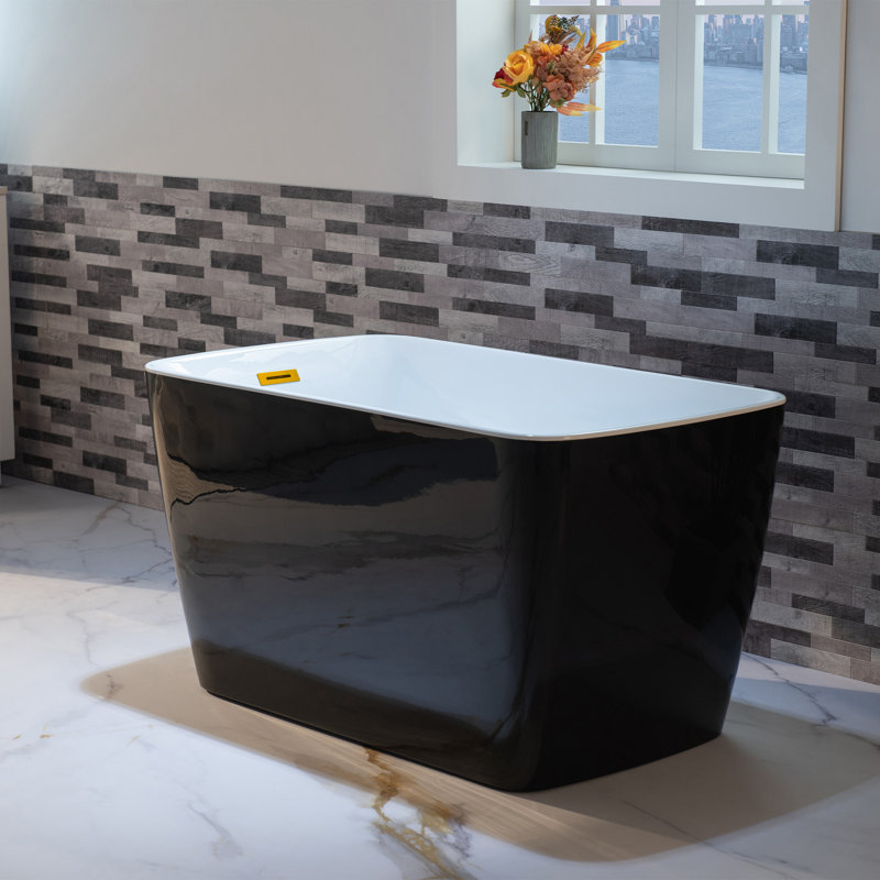 48'' Freestanding Air Soaking Acrylic Rectangular Black Bathtub with Integrated Seat,Non-Slip Design, Brushed Gold