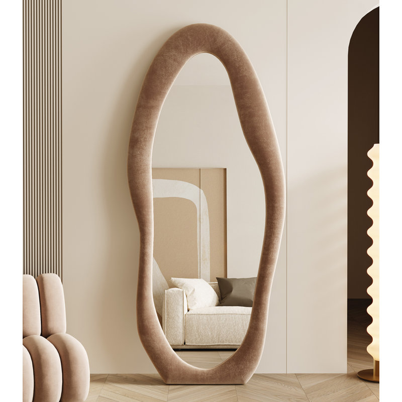 Large Full Length Mirror 70.8"x31.5", Oversized Irregular Wavy Mirror, Arched Floor Mirror, Wall Mirror Standing Hanging Or Leaning Against Wall For Bedroom, Flannel Wrapped Wooden Frame Mirror
