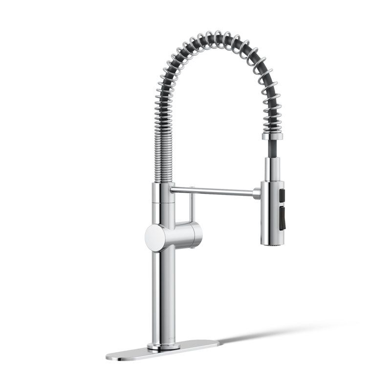 Kohler Crue Single Handle Semi-Professional Pre-Rinse Kitchen Faucet with Three-Function Pull Down Sprayer, Polished Chrome