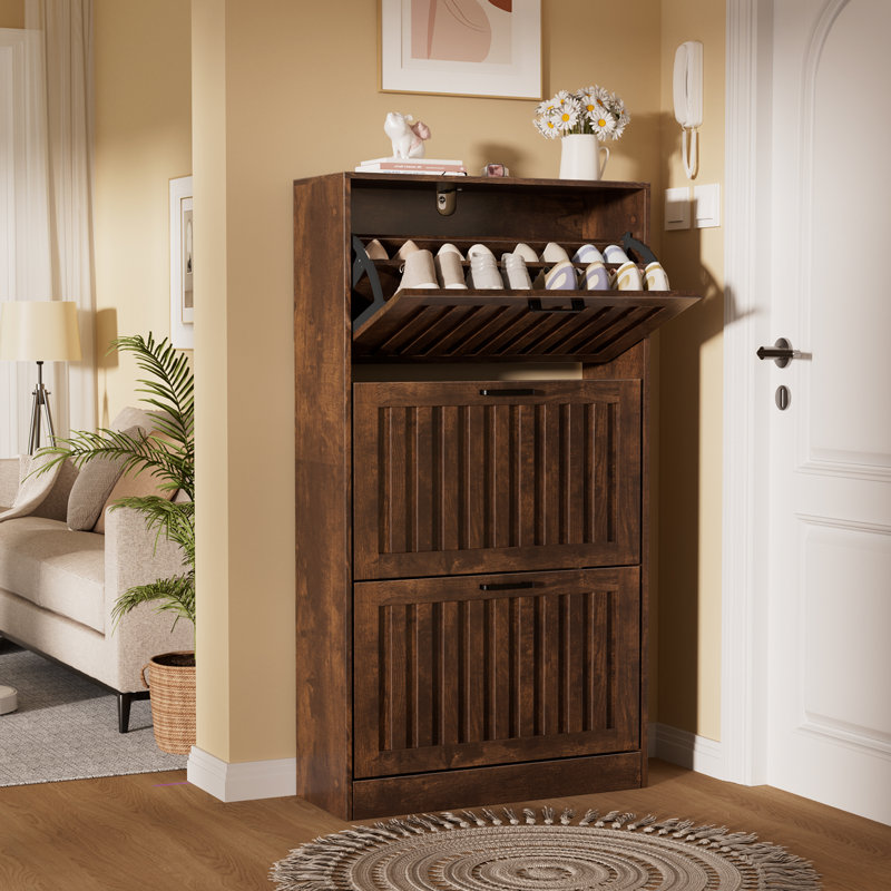 Entry Shoe Cabinet With 3 Flip Drawers, Freestanding Wooden Grooved Board Shoe Cabinet,Black, 3, Brown