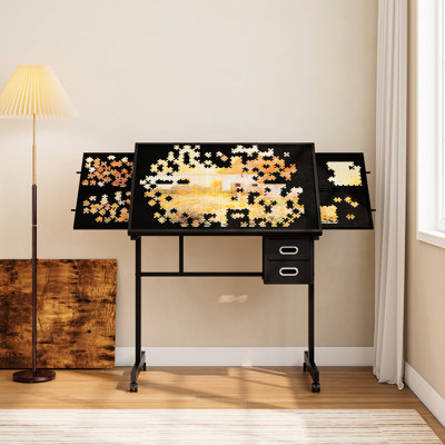 1000 Pieces Jigsaw Puzzle Table, Adults, Metal Board, Trays, Drawers, Waterproof Black Veneer, Wooden Cover, Movable Rubber Wheels, Felt Storage Non - Woven Hobbyists Table Board For Adults With