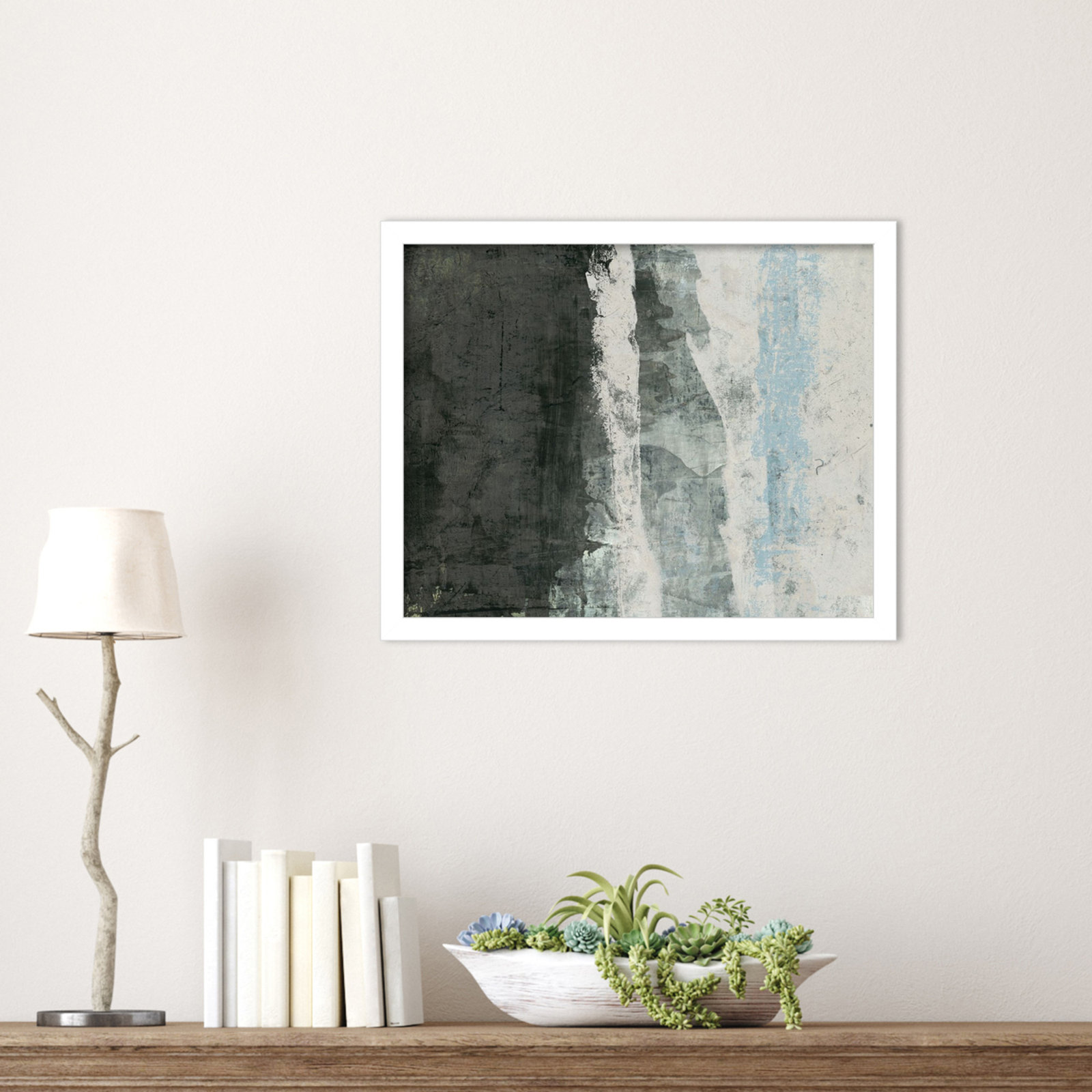 Black and Grey and Blue II by Fresno Wood Framed Wall Art Print, 14" H x 17" W, White