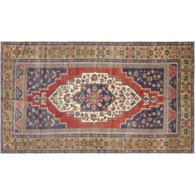 Tapis bleu / brun en laine noué à la main de conception unique 6 pi 1 po x 10 pi 7 po années 1960