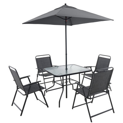 Ensemble de salle à manger d'extérieur pour 4 personnes, ensemble de table et chaises en métal avec parasol, noir