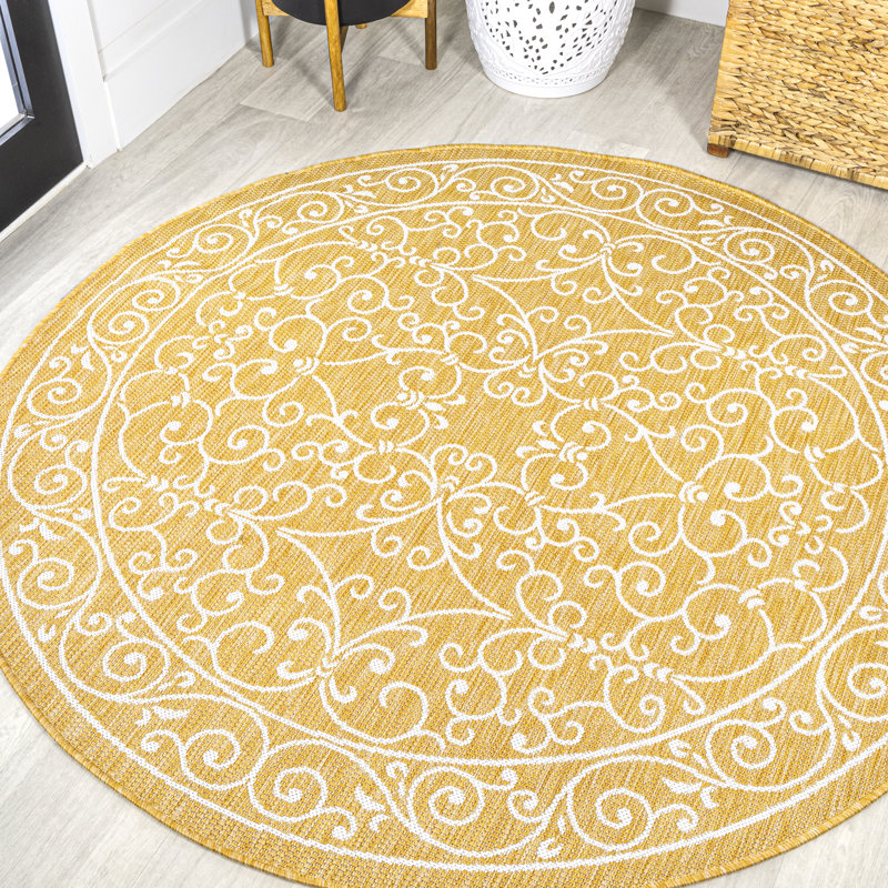 Debbe Vintage Filigree Textured Weave Yellow/Cream Indoor/Outdoor Rug, Round 5'3"