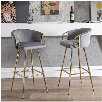 Set of 2 Bar Stools,with Chrome Footrest and Base Velvet + Golden Leg Bar Stool