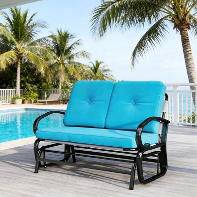 Banc coulissant bleu à 2 places avec tissu en maille respirante, design et confortable, convenant au porche de balcon, maille l 47,25 po x P 29,5 po H 32,25 po, structure en acier, bonne cour arrière