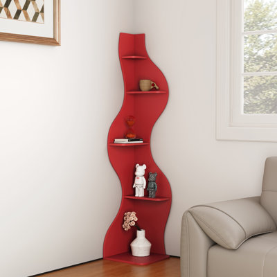 Bibliothèque d'angle moderne, grande étagère d'angle à 5 niveaux pour les petits espaces, bibliothèque d'angle ondulée avec rangement, étagère en bois pour plantes, livres et décor, plusieurs couleurs et tailles (rouge)