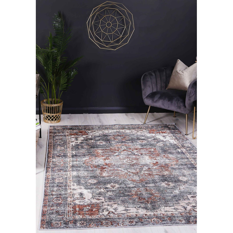 Tapis doré délavé à motif de lapins gris délavé, Rectangle 5 pi 2 po x 7 pi 6 po