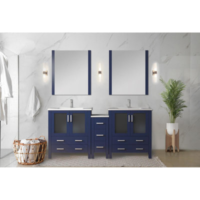 Meuble-lavabo double bleu marine 72 po W avec armoire latérale, robinet, mécanisme de fermeture en douceur et plateau en céramique blanche durable, robinet, dispositif de fermeture, rangement de salle de bain abondant
