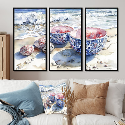Ensemble de salon de plage en poterie rose et bleu III
