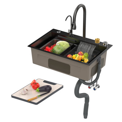 Black Waterfall Kitchen Sink, Drop In Single Bowl Stainless Steel Bar Sink With Cup Washer Sinks, Topmount Workstation Kitchen Sink With Accessories (Size : 26.8 X 17.7In)