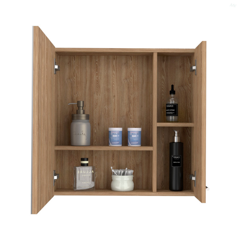 Armoire à pharmacie avec miroir, avec quatre tablettes internes, double porte, rangement minimaliste pour la salle de bain, pin