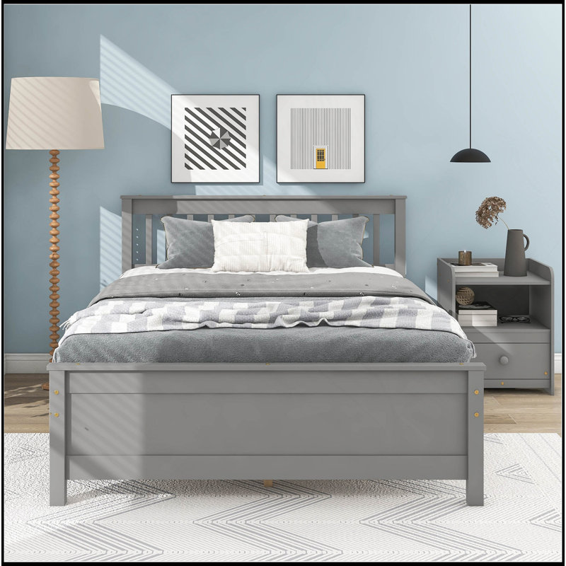 Lit avec tête et pied de lit pour adultes, avec table de chevet, Gris, Lit double
