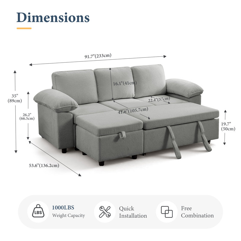Waldorf 91.7" 3-Seat Sectional Sofa With Ottoman And Pull-Out Bed, Light Gray