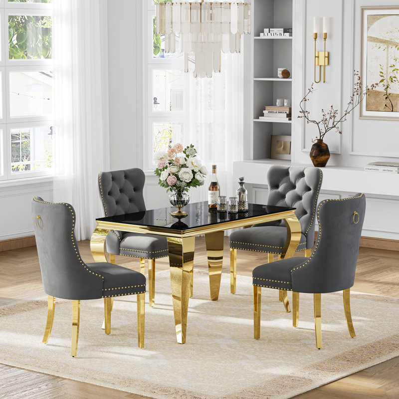 5-Piece Dining Set, 0.39" Black Glass Dining Table with Mirror Stainless Steel Legs, 4 Velvet Dining Chairs with Nailhead Trim and High-Density Foam Padding