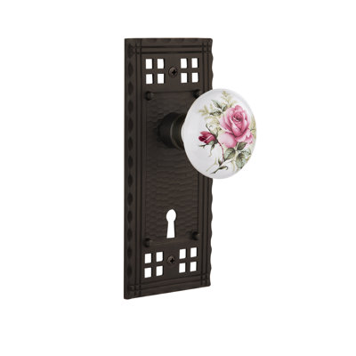 Bouton de porte de mortaise intérieure en porcelaine blanc rose avec plaque longue Craftsman