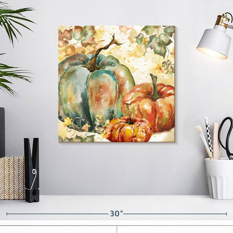 Yarlin, récolte d'aquarelle bleu sarcelle citrouilles I, H 16 po x l 16 po