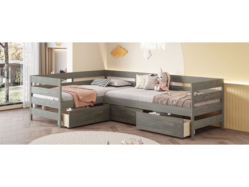 Lit plateforme en L avec tiroirs, Gris