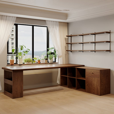 Nut-brown L-Shaped Solid Wood with 1 drawers desk