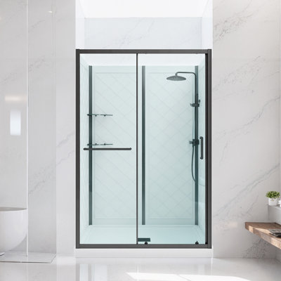 Cabine de douche, 91,4 cm P x 121,9 cm L x 200,7 cm H, porte de douche coulissante encadrée avec verre trempé transparent de 6,35 mm, cabine de douche complète en alcôve avec base antidérapante et panneaux muraux triple face