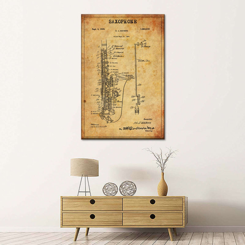 Brevet de saxophone sur toile, H 24 po x l 36 po x P 1,25 po