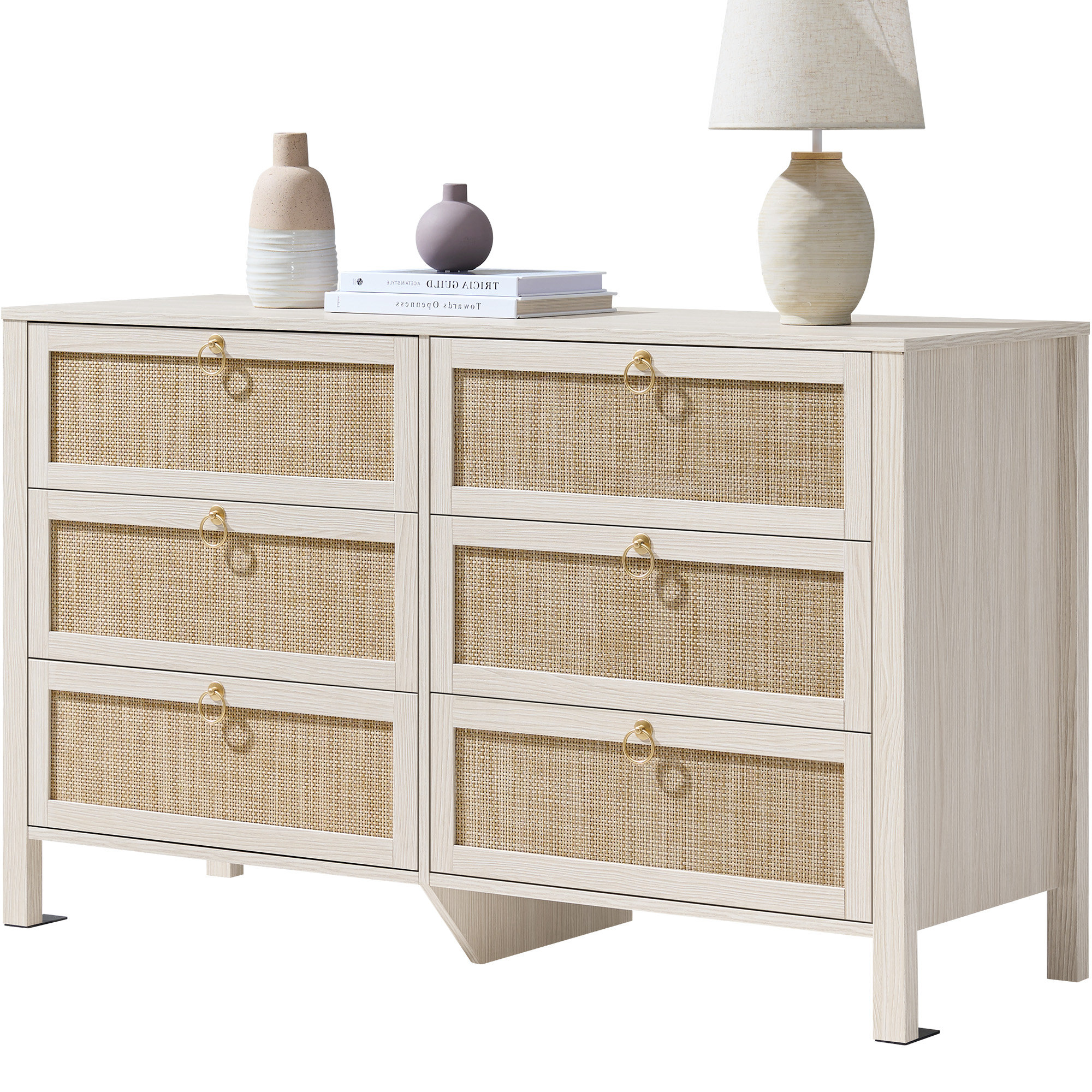 Bayou Breeze Pomodoro 51" W Rattan 6-Drawer Dresser With Golden Handles Coastal Boho Bedroom Storage Chest & Reviews | Wayfair