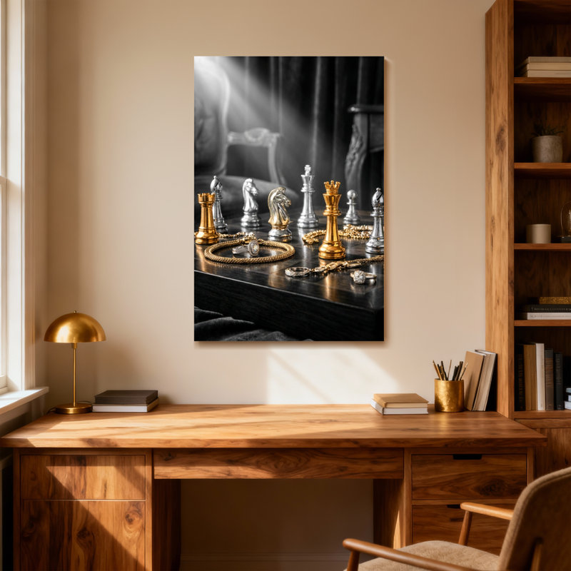 Pièces d'échecs de mode et bijoux sur une table foncée