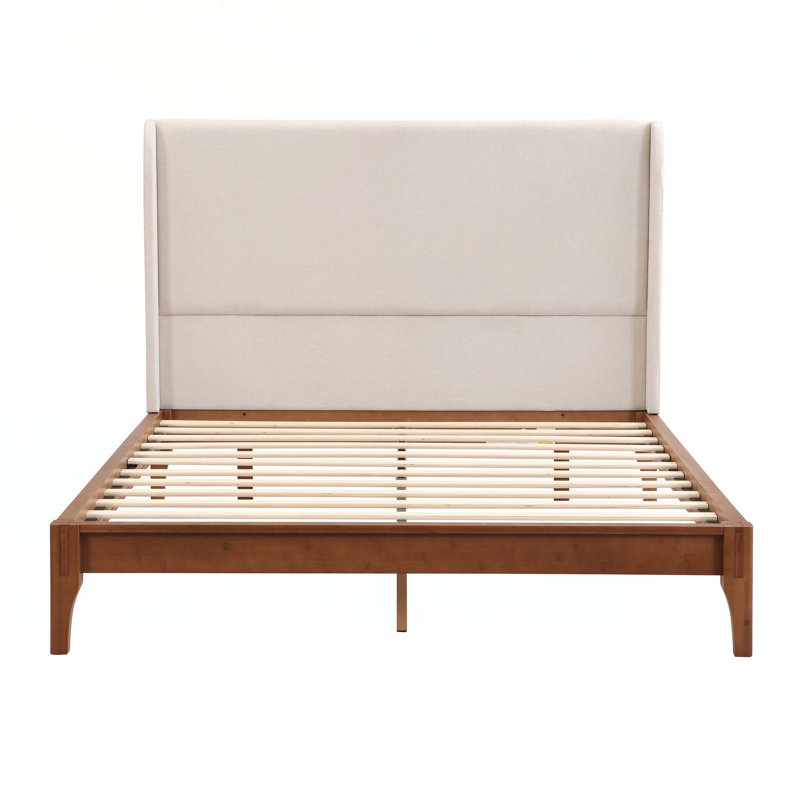 Solid Dry Bamboo Wood Platform Bed Frame with Headboard, Queen, Beige/White Duplicate