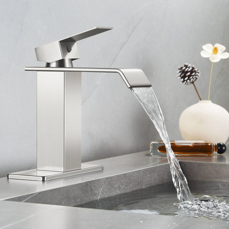 Robinet pour salle de bain à poignée simple avec drain, Nickel brossé
