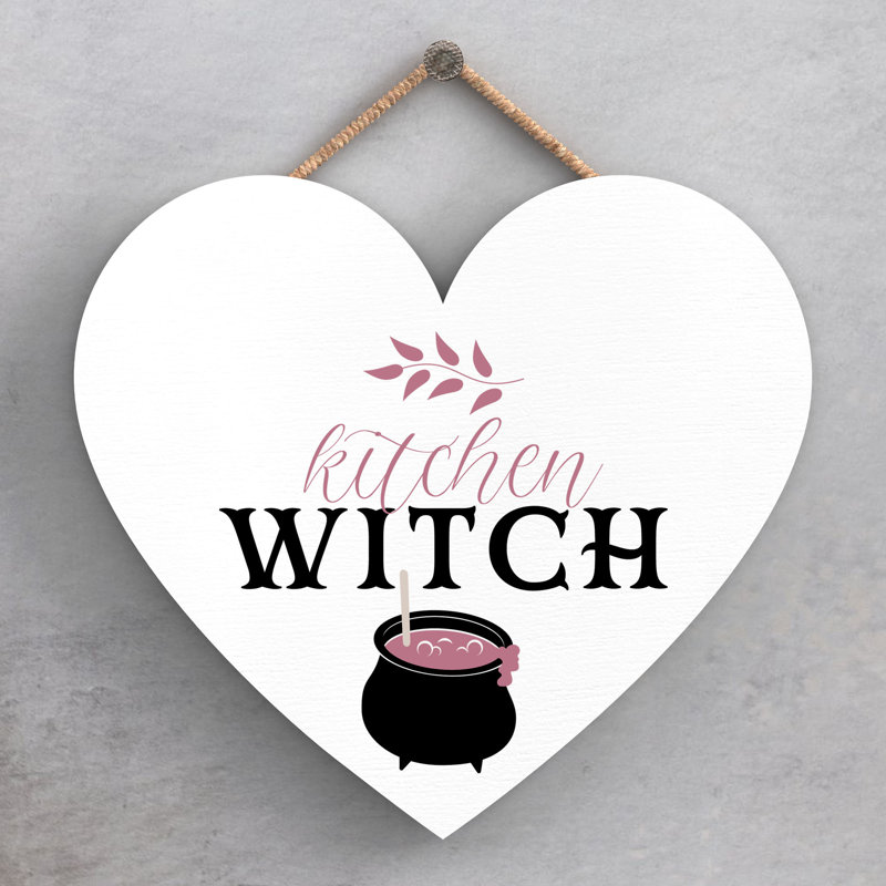 Kitchen Witch Wooden Heart Plaque, 16cm H x 17cm W x 0.9cm D, White