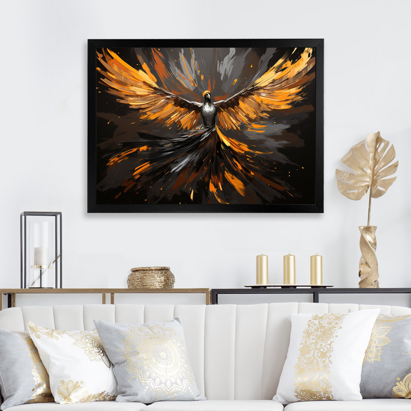 «Woman Glowing Pheonix» - art mural mode, Cadre d'angle fermé noir, H 16 po x l 32 po x P 1 po