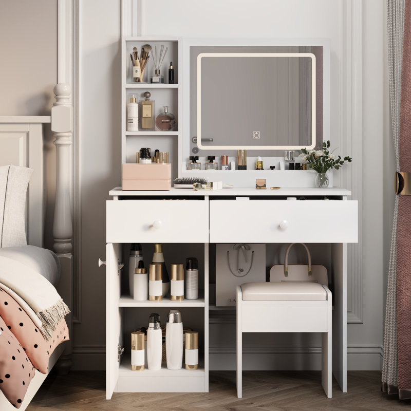 Bureau de coiffeuse blanc avec grand miroir et lumières - Design élégant, 3 couleurs spacieuses