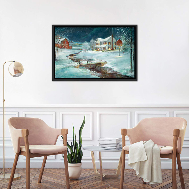 «Winter Serenity» par Ruane Manning - Peinture, H 26 po x l 40 po x 1,5 po, Cadre flottant noir patiné