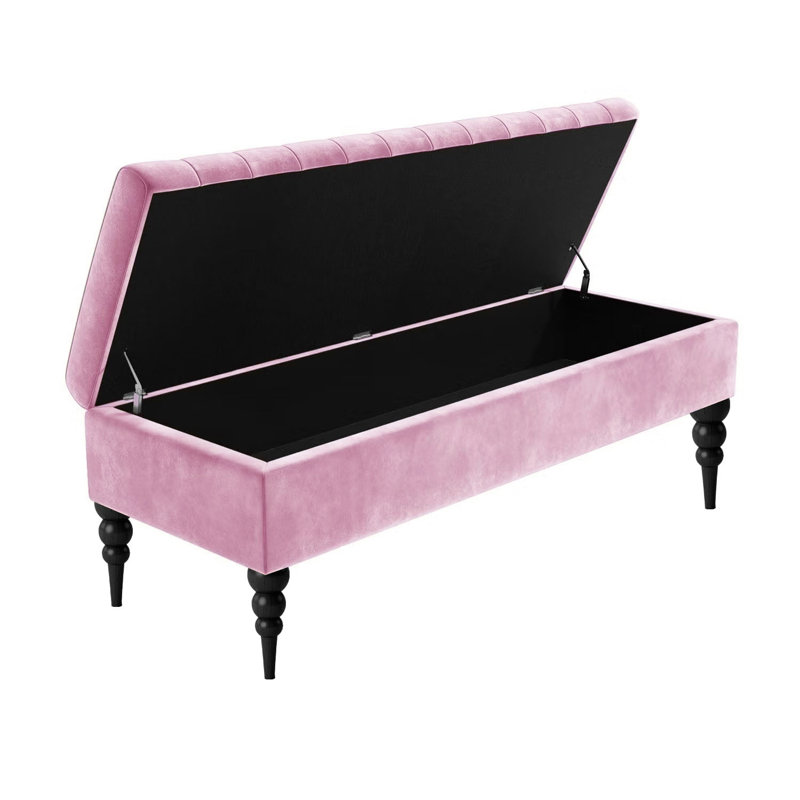 Sierra Striped Ottoman Storage Bench - Upholstered Plush Velvet Shoes Bench with Turned Wooden Legs, Pink