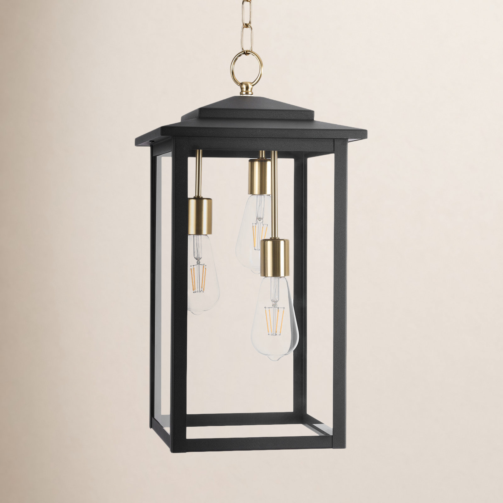 Birten Wrought Iron Outdoor Hanging Lantern, Matte Black/Antique Brass