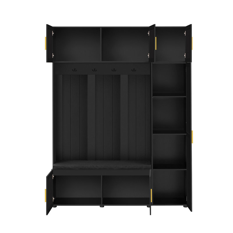 U-Can American Style 4-in-1 Hall Tree with Padded Bench, 4 Hooks, and Multi-Tier Storage Shelves, Antique Black