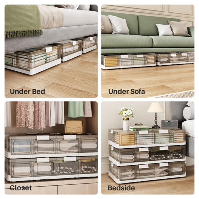 Boîtes de rangement en plastique à glisser sous le lit, avec couvercles et 8 roulettes préinstallées, boîtes de rangement pliables et plates à roulettes pour vêtements, chaussures et accessoires de chambre (transparent).