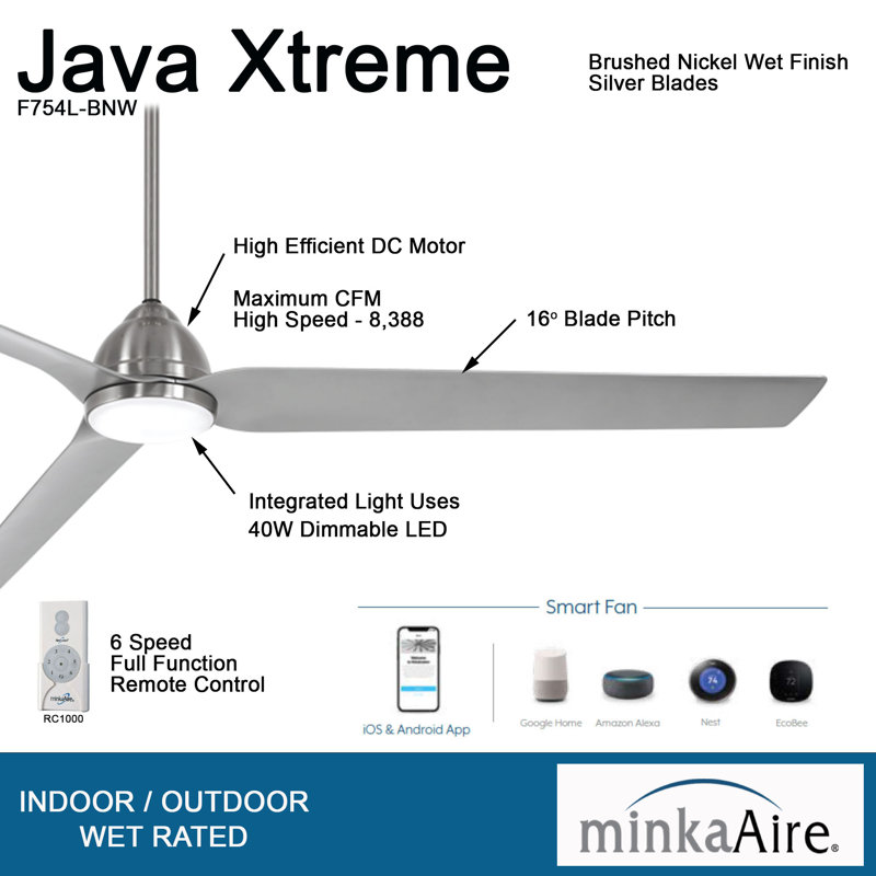 84'' 3 - Blade Outdoor LED Smart Standard Ceiling Fan with Remote Control and Light Kit Included, Silver