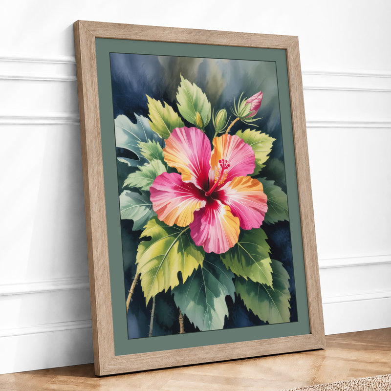 Luminous Hibiscus Botanical 1 Piece Single Picture Frame Wall Art, A3 - 42.0 x 29.7 cm, Oak