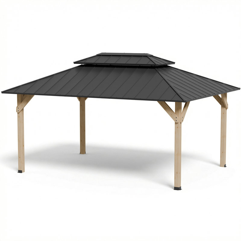 16 Ft. W x 12 Ft. D Outdoor Gazebo, Heavy-Duty Party Tent Shelter with Solid Wood Frame and Double-Layer Metal Ventilated Roof
