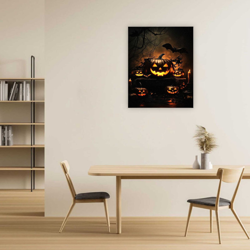 Lanterne noire citrouille rougeoyante avec des sourires effrayants, impression sur toile, art mural de qualité supérieure pour le salon, 32 x 24 po