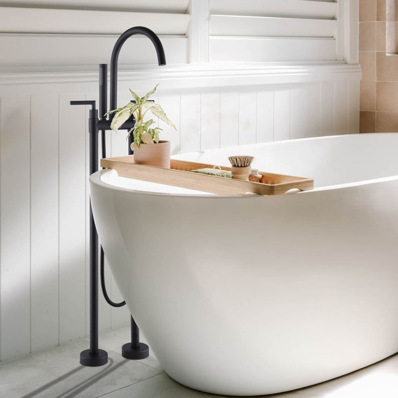 46"H Solid Brass 2 Handle Floor Mounted Tub Faucet With Diverter And Handleshower, Matte Black
