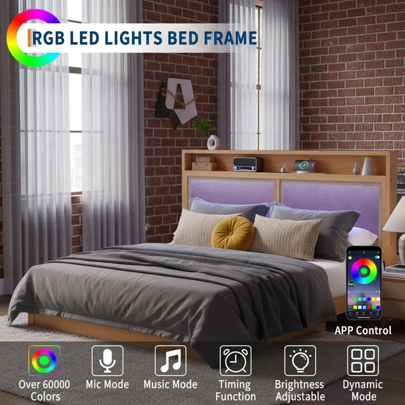Ebern Designs Rattan Bed Frame, With LED Lights & Charging Station ...