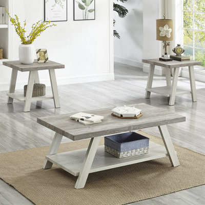 Ensemble de 3 tables basses en bois patiné gris et beige Athens