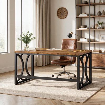 55'' Industrial Computer Desk with Wood Desktop and Metal Frame, Modern Home Office Writing Desk Gaming Computer Table - Rustic