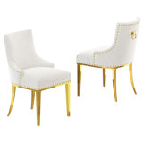 Dining Chairs Set Of 2, White And Gold Dining Room Chairs With Gold Polished Legs, Velvet Kitchen Chairs With Nailhead Trim & Metal Pull Ring