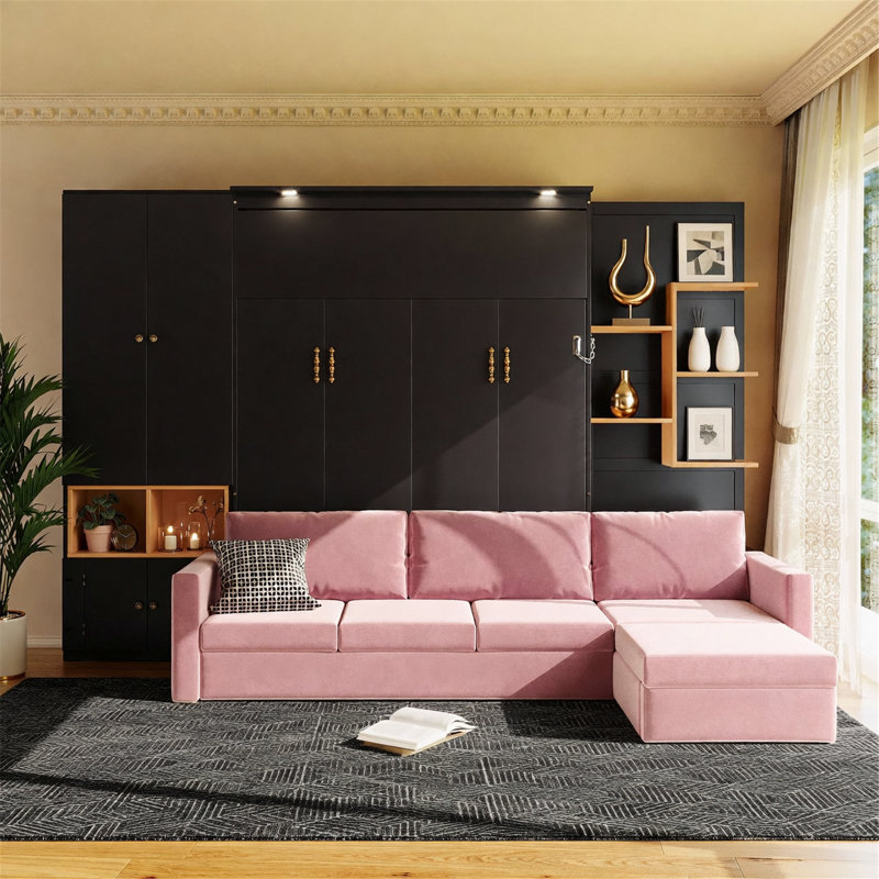 Murphy Bed With Sofa, Storage Shelves And Cabinets, Modern Wall Bed With Dual Lights, Black