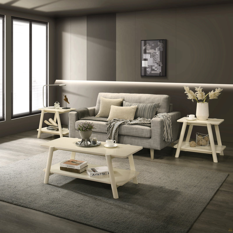 Ensemble de 3 tables basses, 2 tables basses et 2 tables de bout, fini blanc cassé, 17.72" H x 20.16" W x 43.31" D, White
